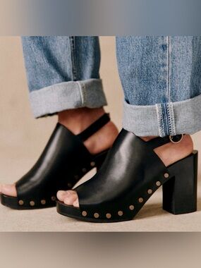 Sezane Black Leather Open-Toe Slingback Sandals